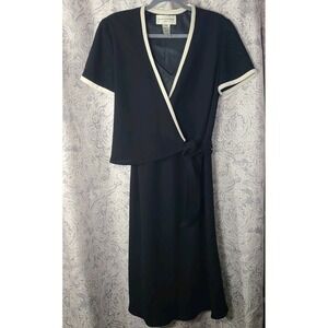 Vtg Evan-Picone Wrap Dress Womens 12 Black Career Midi Dress Short Sleeve